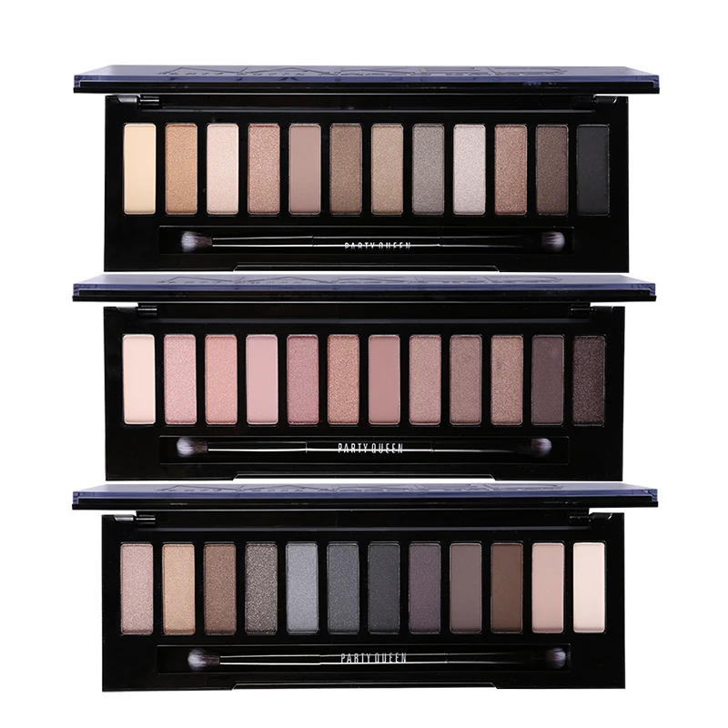 

Party Queen 12 Colors Shimmer Matte Nude Eye Shadow Palette Makeup Neutral Glitter Smoky Eyeshadow With Mirror+Dual Ended Brush