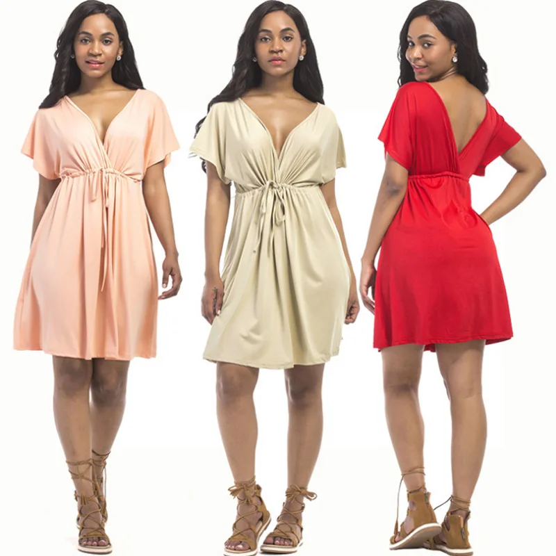Plus Size 3XL 4XL 5XL Women Clothing Short Sleeve Mini Party Dress Sexy Deep V Neck Club Tunic Summer Vestidos Black Blue | Женская