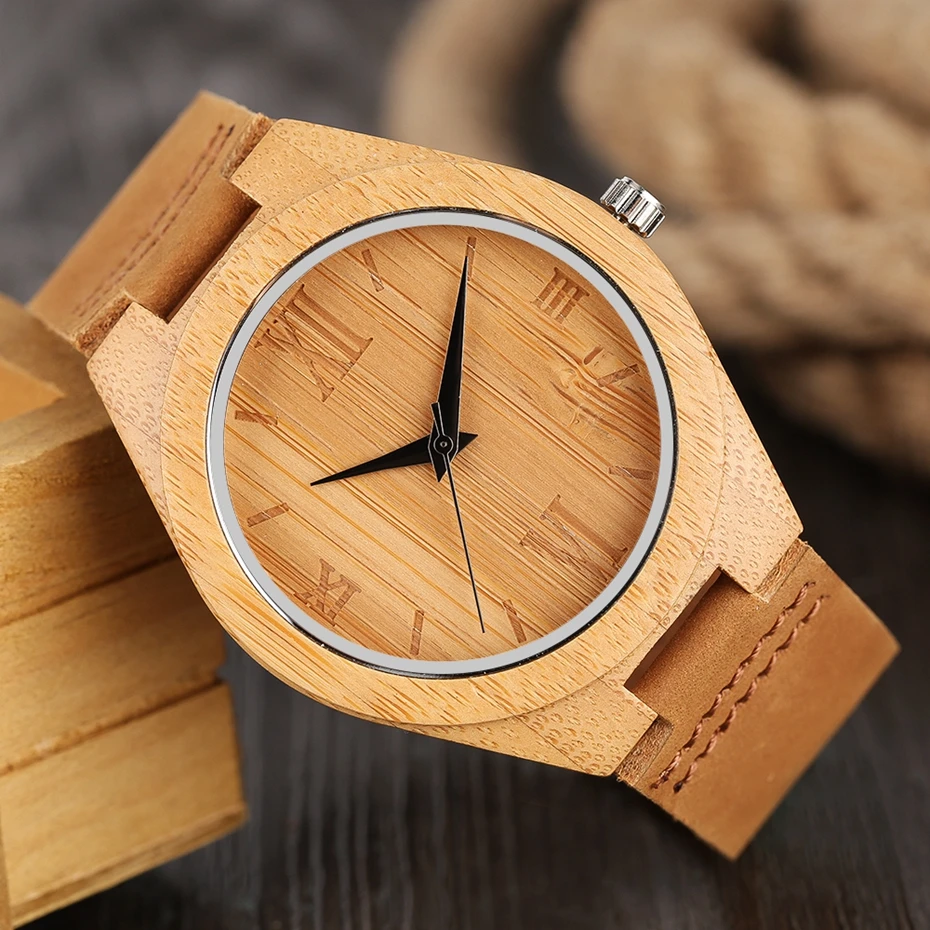 Vintage Mens Wood Watch Minimalism Simple Handmade Carving Quartz Wooden Bamboo Women Sports Clock with Genuine Leather Gift Bag 2017 (9)