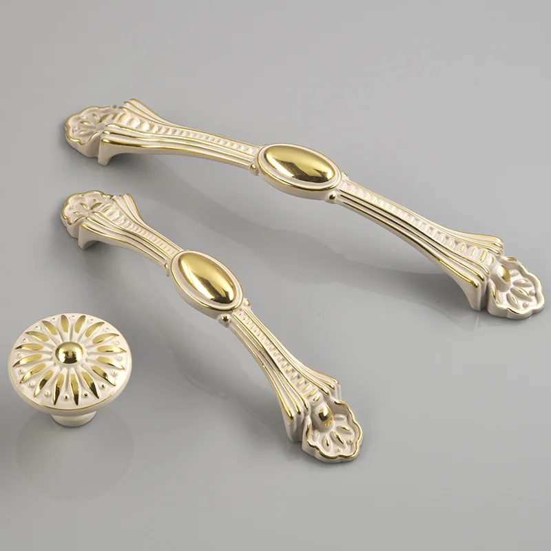 5pcs Znic Alloy White Golden Handles Wardrobe Drawer Door Handle Elegant Home Decor