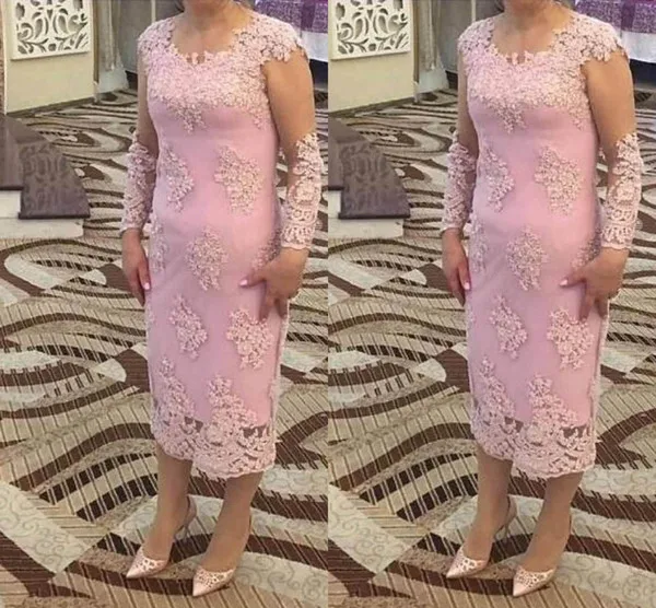

2018 Pink Mother of the Bride Dresses With Long Sleeves Appliqued Illusiuon Tea Mid-Calf Formal Wedding Party Evening Gown Women