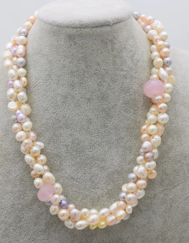 

3rows freshwater pearl baroque pink jades necklace wholesale 20inch FPPJ nature beads gift