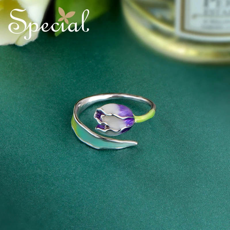 Кольцо женское эмалированное с цветком и тюльпаном S1720R|jewelry gift|ring sizeopen ring |