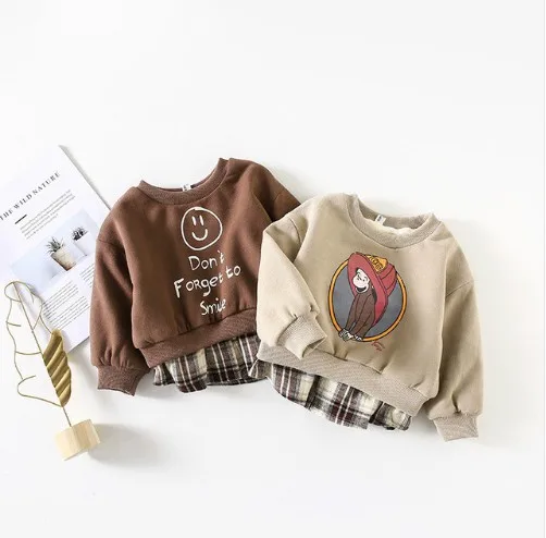 

Velvet Round Collar Sweater Baby Girl Clothes Boys T Shirt Sweater Plaid Hem Stitching Round Neck Coat Korean Boy