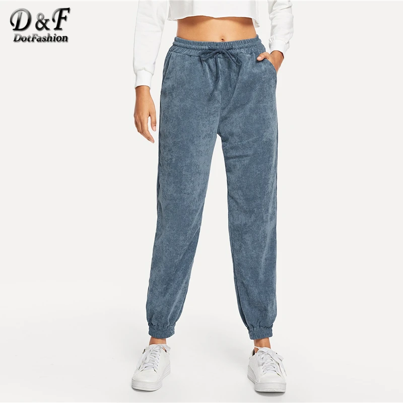 Dotfashion البحرية جيب الديكور الصلبة سروال قصير السراويل النساء بناطيل كاجوال 2019 الخريف الأزياء النسائية الرباط قيعان السراويل
