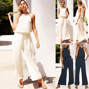 

2019 Spring and Summer sexy tie with open back loose pocket women's jumpsuit