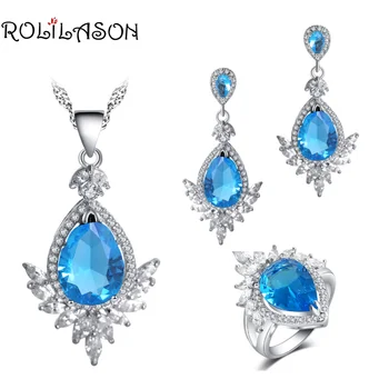 

ROLILASON Trendy light Blue Cubic Zirconia Party Gift for Women stamped Earring Necklace Ring Jewelry Set JS771