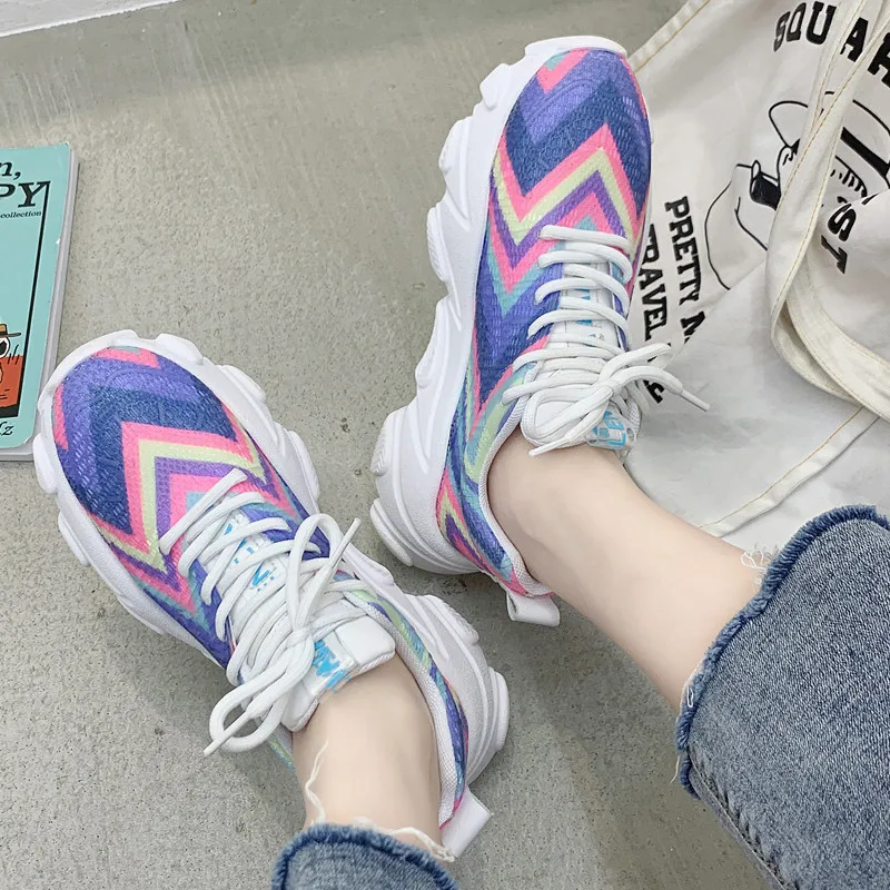 

TANGNEST Sneakers Breathable Mesh Flat Casual Shoes Woman Lace Up Vulcanize Shoes Platform Purple Colorful Trainers XWC1519