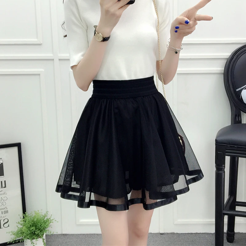 Tulle Skirt High Waist New Summer Women Black Mesh Beading Sweet Mini School Skirt Elastic Waist Tutu Skirt