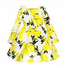 hot Girls long-sleeved dresses children lemon round collar princess dress hight quality
