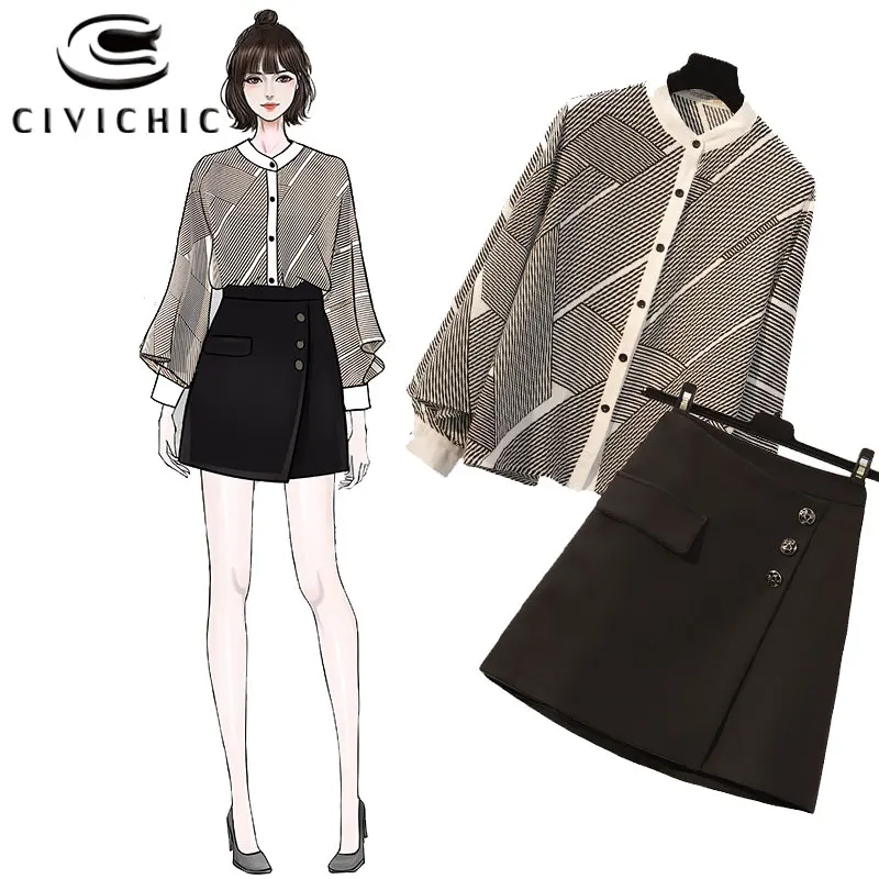 

CIVI CHIC Plus Size Spring Shirt Skirt Two Piece Women Striped Tops Buttons Solid Gonne Bat Wing Sleeves Blouse 2 PCS set WSET04