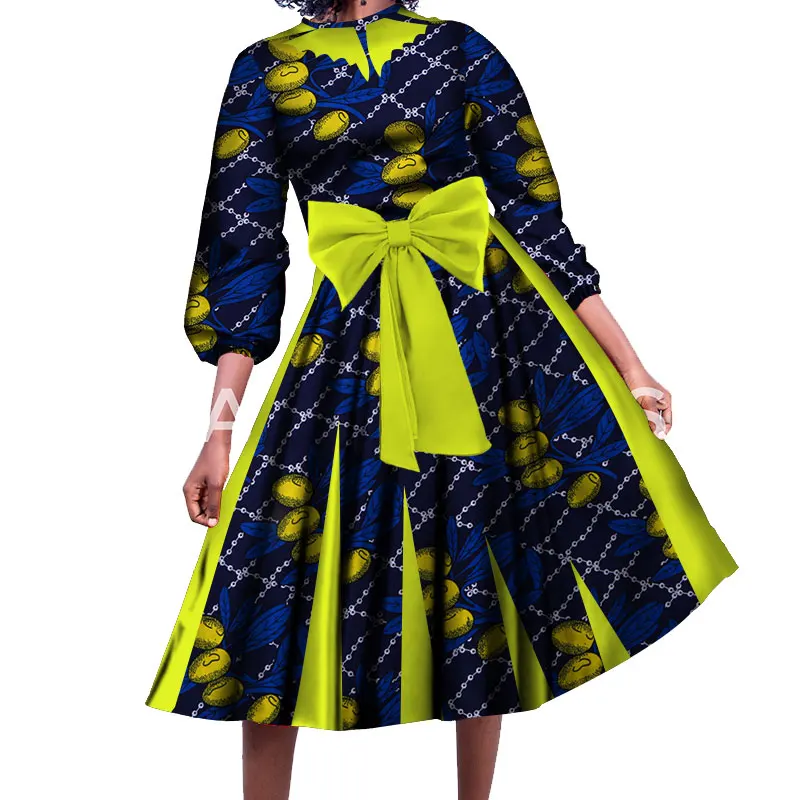 Модное женское платье с длинным рукавом, традиционное Африканское Хлопковое платье с цветочным принтом и бантом, Элегантное свадебное платье для вечеринки, WY258