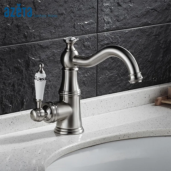 

Azeta Bathroom Crystal Faucet Brushed Nickel Brass Basin Mixer Tap Ceramic Single Handle Wash Basin Faucet Free ShippingAT2406BN