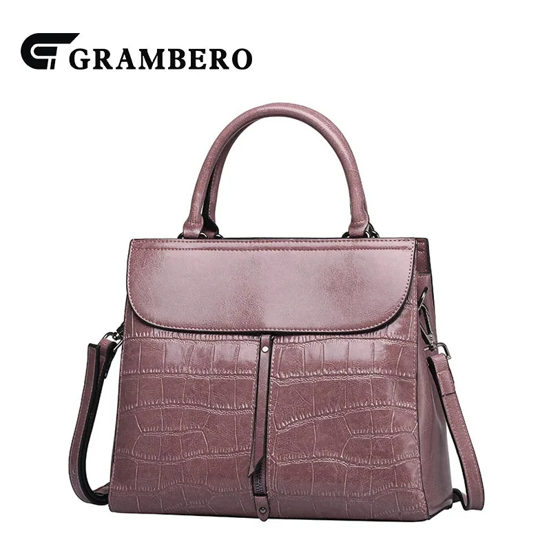 

Fashion Solid Color Soft Genuine Leather Top-handle Bag Stone Texture Cowhide Zipper Cover Women Handbag Shoulder Crossbody Bags