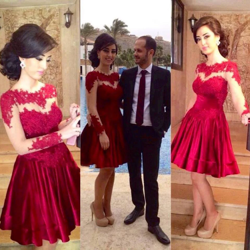 Beautiful Young Girls School Party Gown Sheer Long Sleeve with Appliques Dark Red Knee Length Homecoming Dresses 