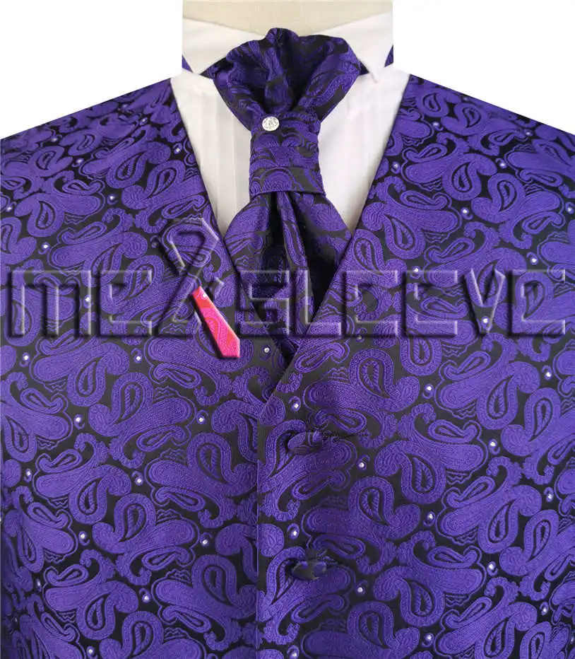Джентльменский Модный свадебный жилет с узором пейсли+ галстук Аскот+ носовой платок - Цвет: Фиолетовый