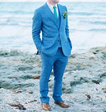ANNIEBRITNEY Летний зеленый льняной костюм мужской комплект Повседневный приталенный смокинг на заказ свадебные костюмы жениха Блейзер Terno Masculino - Цвет: Синий