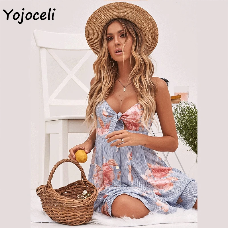 Yojoceli لطيف زر القوس فستان الشمس جديد الربيع الصيف منقوشة فستان بحزام الشارع الشهير عارضة شاطئ اللباس Yojoceli لطيف زر القوس فستان الشمس جديد الربيع الصيف منقوشة فستان بحزام الشارع الشهير عارضة شاطئ اللباس