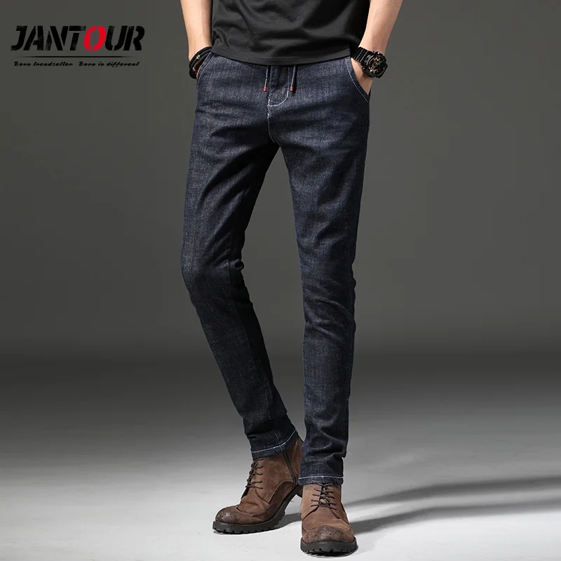 Jantour Мужские Зимние флисовые толстые теплые джинсы новые модные мужские прямые тонкие джинсовые брюки ретро джинсы Длинные мужские джинсы - Цвет: Dark blue