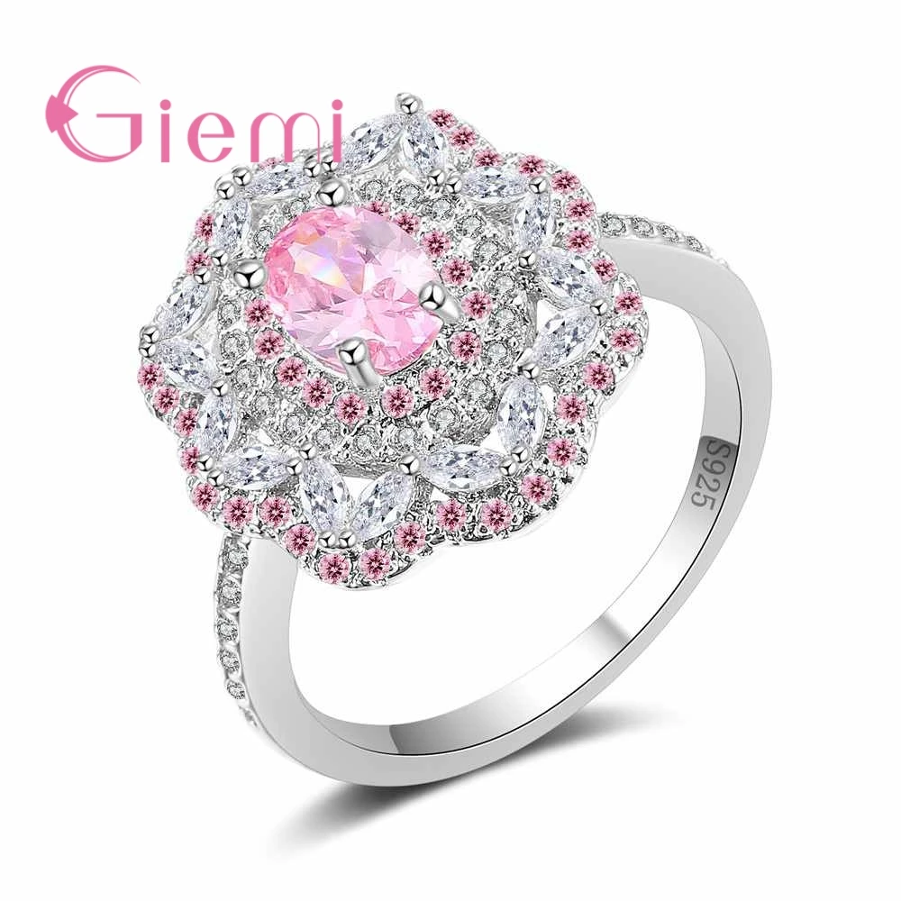 

Simple Flower Band Fashion Hollow Flower Ring Shiny White Pink Crystal High Quality 925 Sterling Silver Cubic Zircon Anel