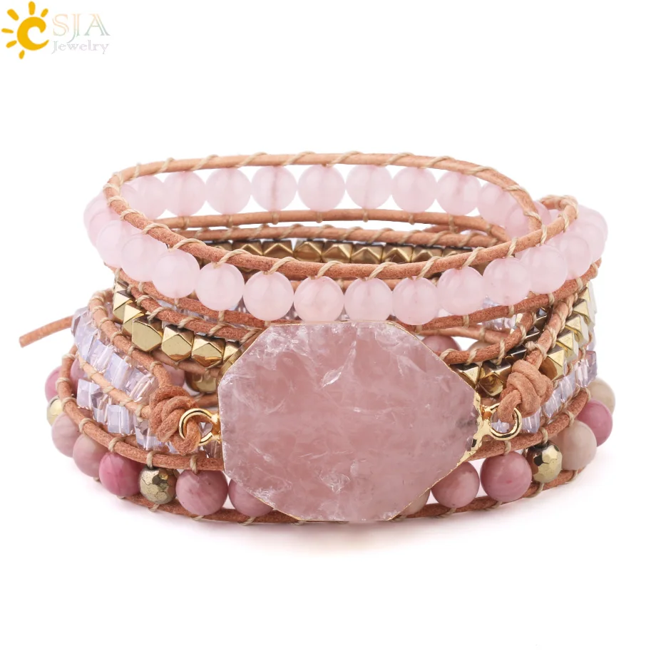 CSJA браслет из натурального камня, розовый кварц, кожа, браслеты для женщин, розовые драгоценные камни, хрустальные бусины, богемные ювелирные изделия, 5 нитей S308