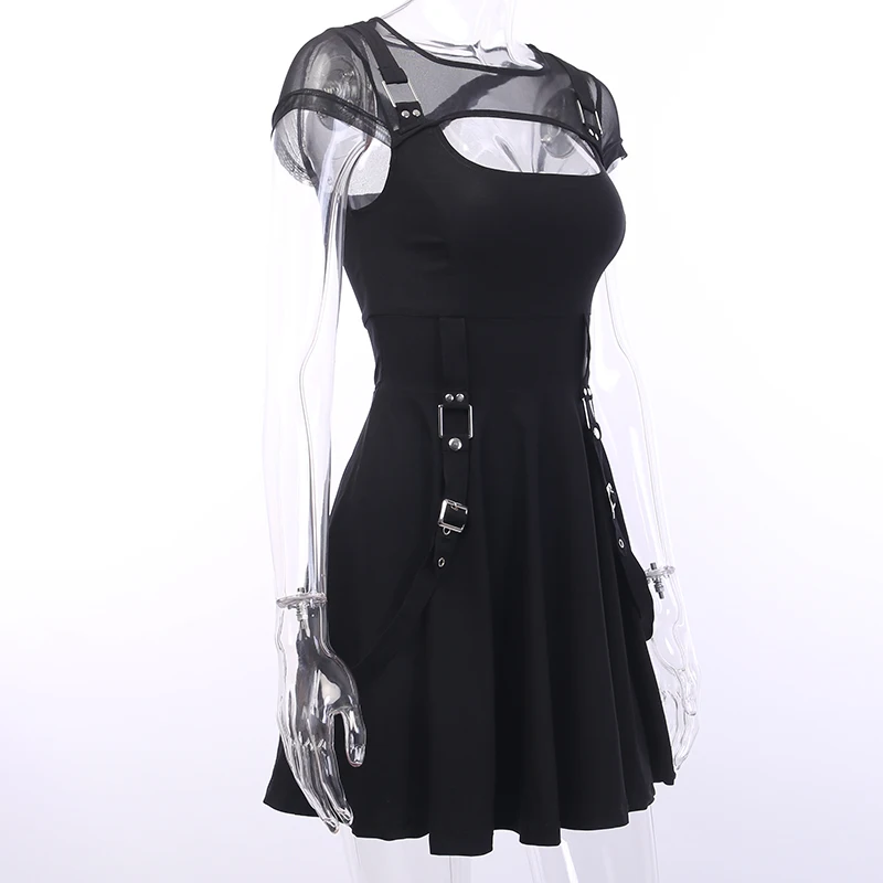 Gothic Sexy Dress Summer Dress Women Vintage Black Mesh Streetwear Hipster High Waist Solid Dresses Party Nightclub Mini Dress