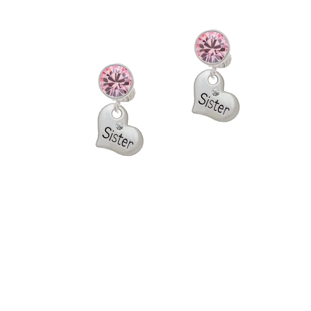 Small ''Sister'' Heart with Clear Crystal Crystal Clip On Earrings (3)