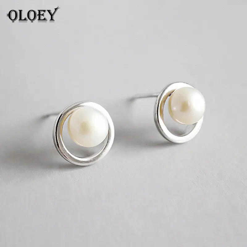 

OLOEY Pure 100% 925 Sterling Silver Stud Earrings 2018 New Natural Freshwater Pearl Earring For Women Fine Party Jewelry YME268