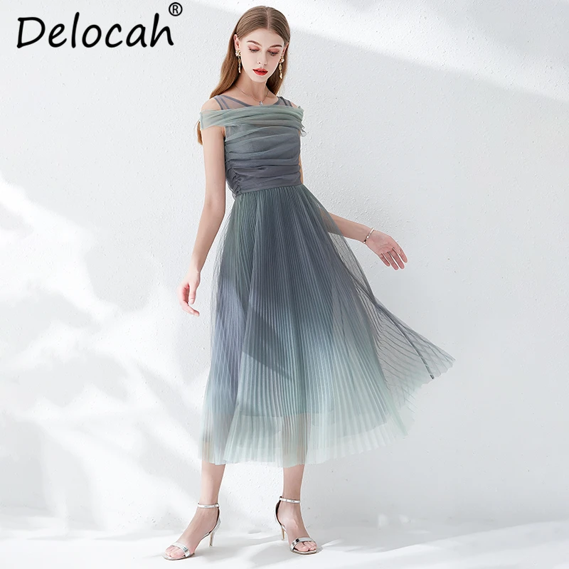 Delocah New 2019 Women Spring Summer Dress Runway Fashion Designer Pleated Mesh Overlay Elegant Vintage Ladies Vacation Dresses