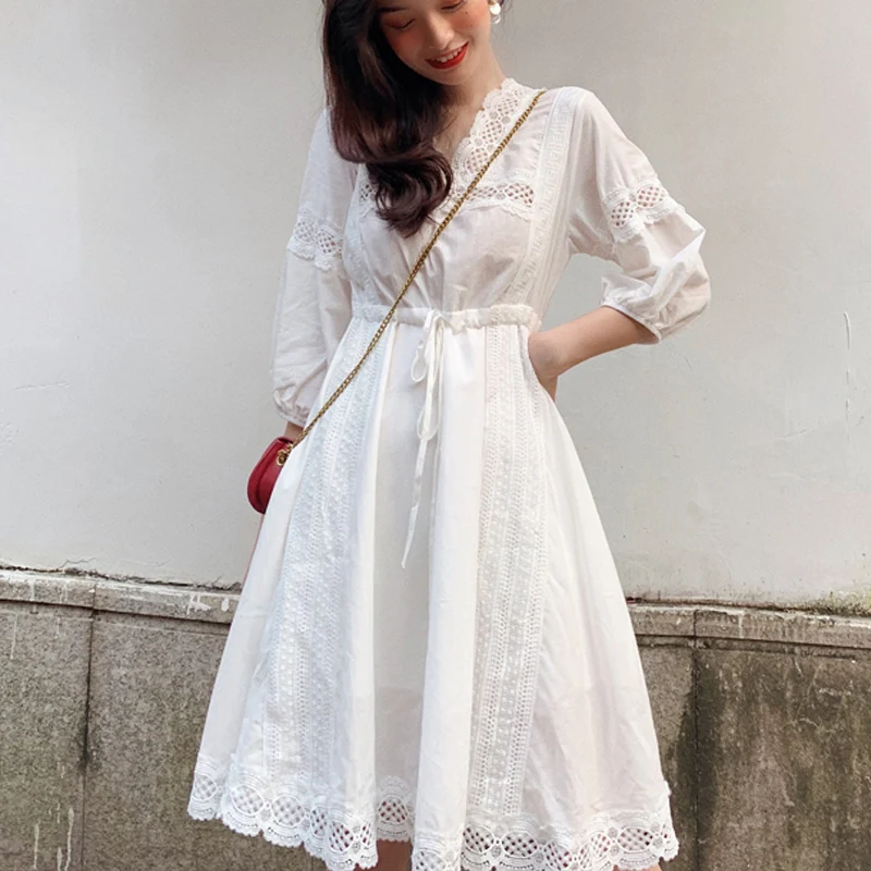 

A-line Cotton Lace Patchwork Women Dress Elegant Solid V-neck Lace up Female Dress Party Club Sexy Backless Ladies Midi Dress