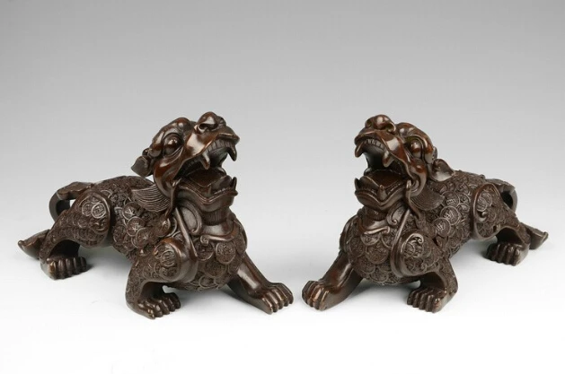 

China Old Bronze Fengshui Wealth Coin Money Pixiu Brave troops Kirin Statue Pair