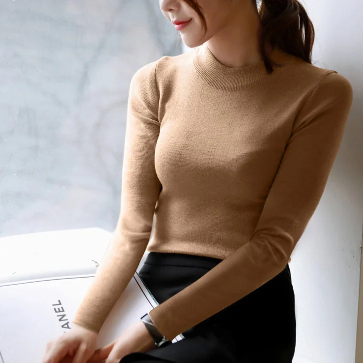 

Autumn Women Half High neck Knitting Close Thin All-match Rendering Unlined Rib Knitted Pullover Sweater