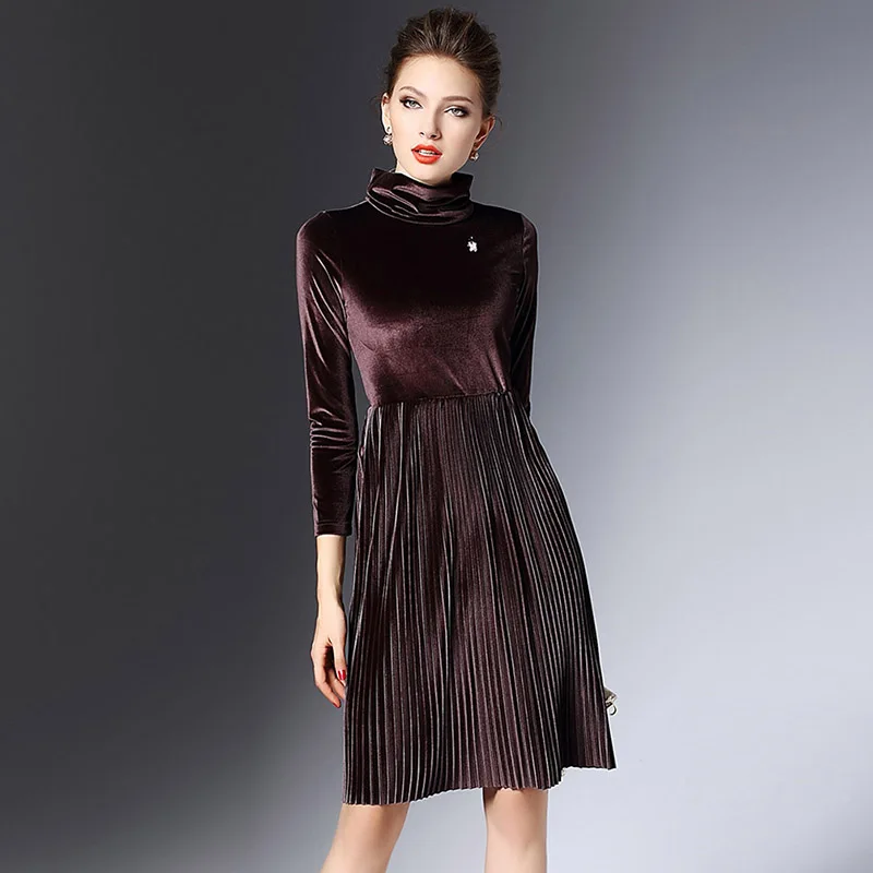 Turtleneck Pleated Velvet Dress Long Sleeve Vintage Runway 2017 Spring Women Elegant Evening