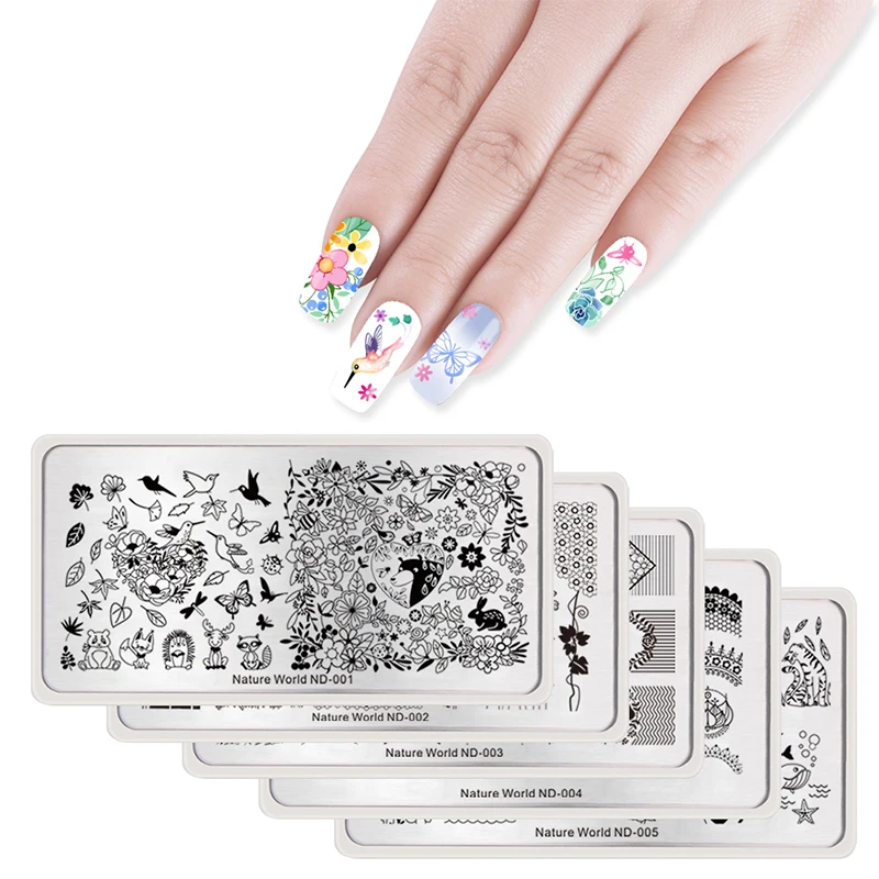 

NICOLE DIARY Nature World Series Stamping Plate Rectangle Floral Leaf Animal Nail Art Image Plate Bird Bear Stamp Template