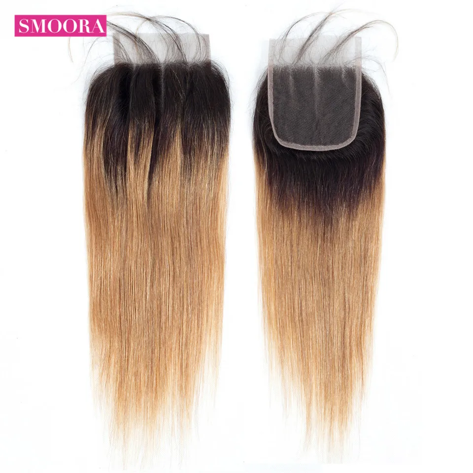 

Ombre Brazilian Straight Lace Closure Free Middle Three Part 4x4 Honey Blonde 1b/27 Human Hair With baby Hair Non Remy Smoora