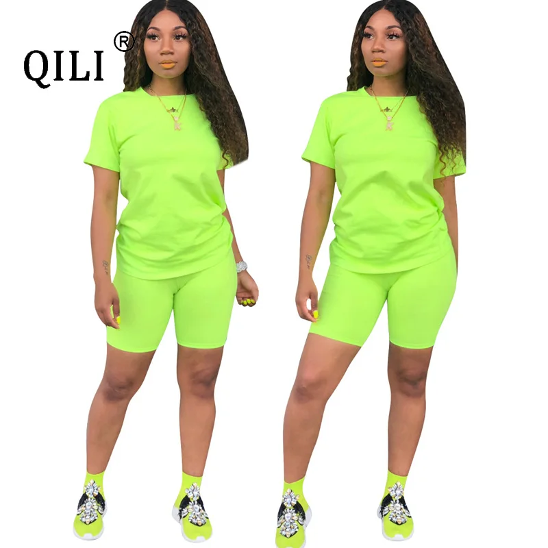 

QILI Summer Two Piece Set Outfits Neon Green Yellow Rose-red Short Sleeve Clothes Top+Shorts 2 Piece Casual Sweatsuit