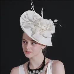Модные женские бежевые Свадебные Дерби пиллбокс шляпы с перьями цветок имитация Sinamay шляпа женские свадебные аксессуары для волос XMF226