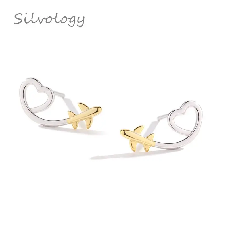 Silvology 925 пробы Серебряное сердце серьги в форме самолёта цветовое разделение милые Новая Элегантная текстура шикарная серьга девушки ювелирные изделия - Цвет камня: Gold