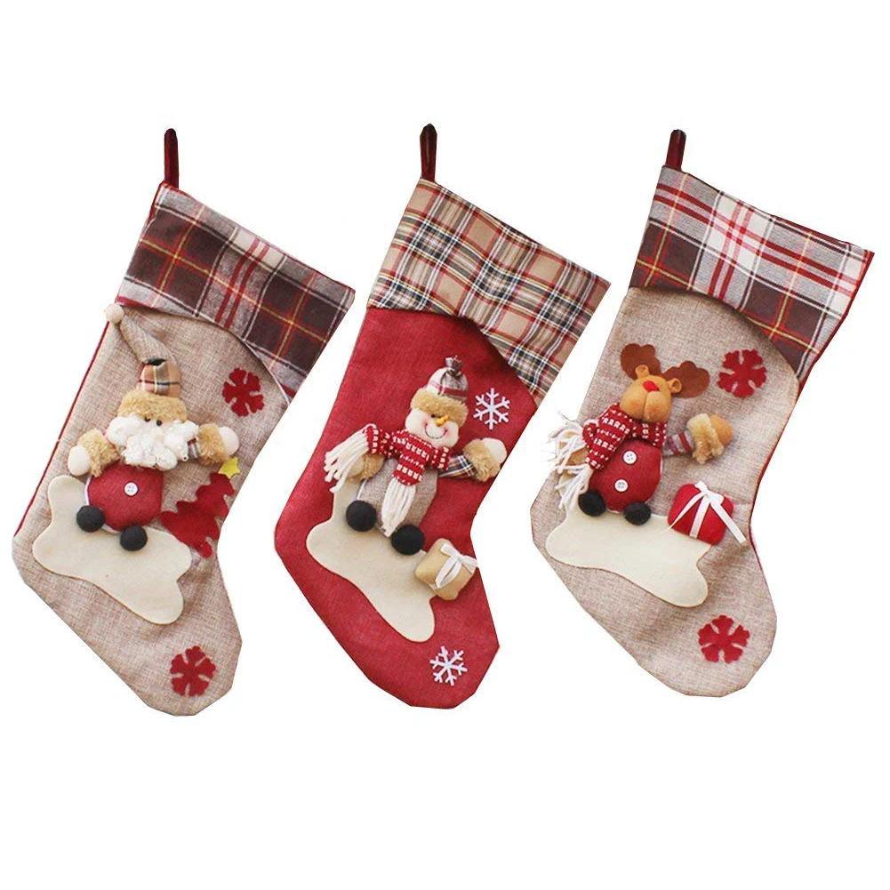 

Christmas Stocking Set of 3 Santa Snowman Reindeer Xmas Cuff Christmas Decorations and Party Accessory