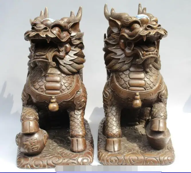 

S2699 15"Chinese Fengshui Bronze Guardian Beast Animal PiXiu kylin Unicorn Statue Pair