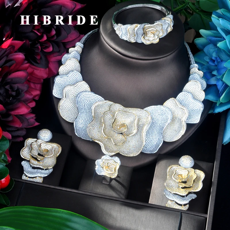 

HIBRIDE Brilliant Big 4 pcs Flower Pendant Luxury Women Jewelry Set For Bridal Party Accessories Jewelry Party Gifts N-915