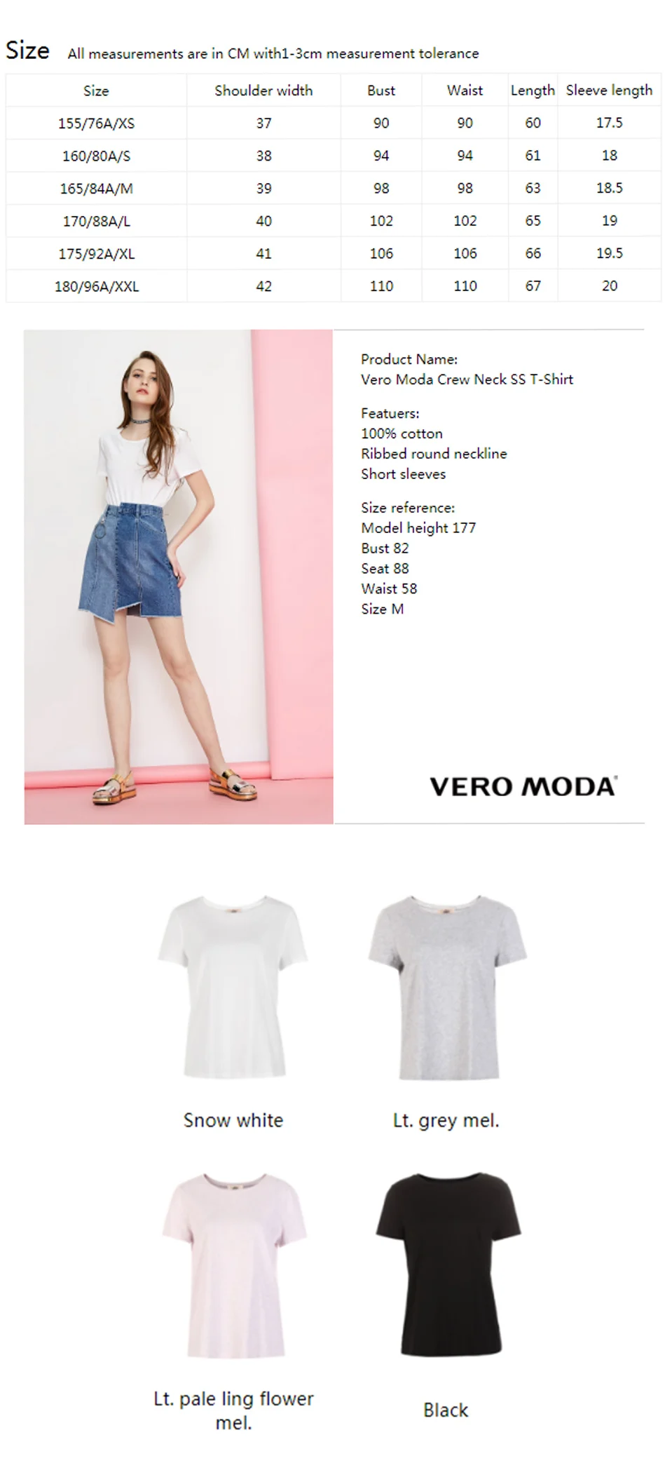 Vero Moda Womens 100%Cotton Multicolor Basic style Minimalist T-Shirt Top | 318101551 | 317101513