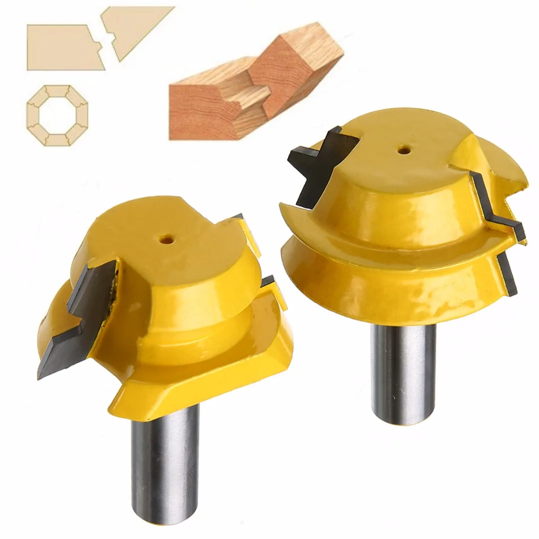 

2pcs/set Portable 1/2" Shank Carbide Alloy 22.5 Degree Router Bits Mayitr Yellow Silver Lock Miter Woodworking Cutting Tool 62mm