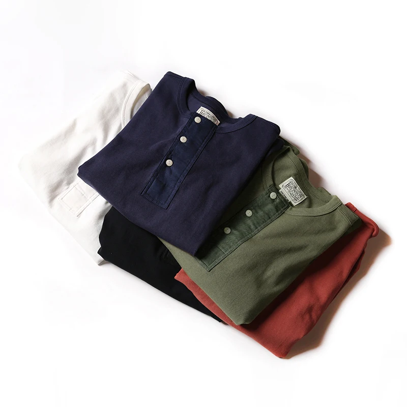 Goedkoop BRONSON Henley T Shirt OUDE TIJD Heren Katoenen Shirt Mannen Korte mouw Draad Tee Slim Fit Tops Casual Vintage Kleding Solid kleur