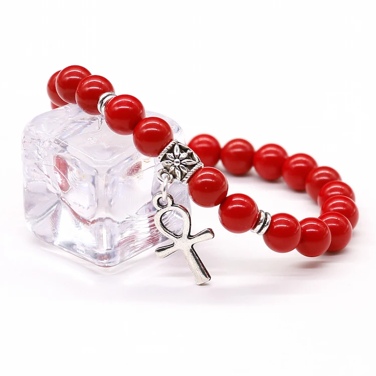 Киноварь красная каменная бусины браслет, белые из натурального камня Tridacna Египетский крест ювелирные изделия с подвесками для женщин и мужчин браслет