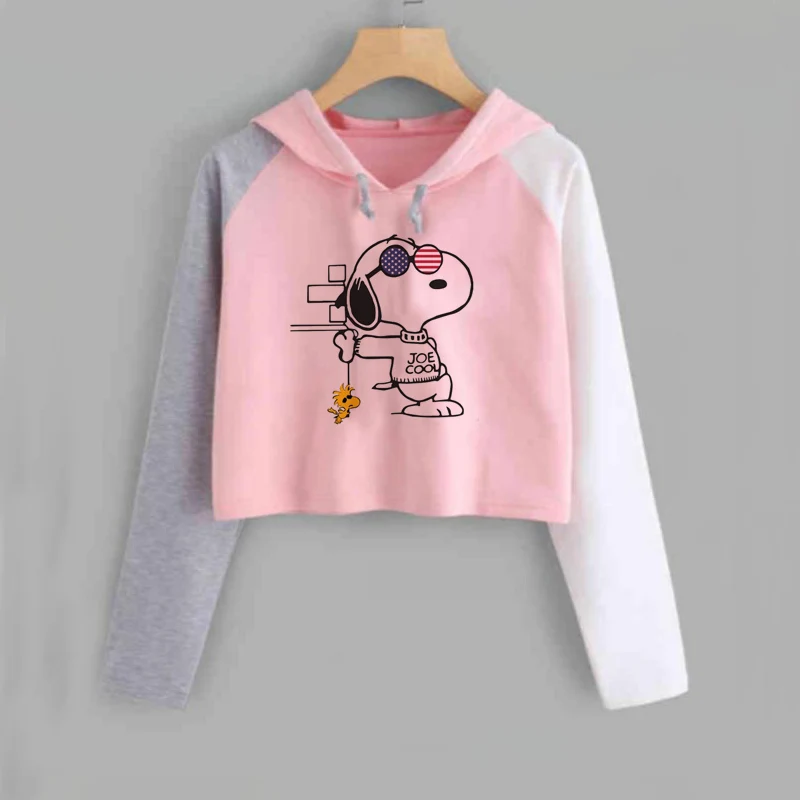 Снупи Обрезанные Hoodie Harajuku для женщин мультфильм Розовый пуловер Топ укороченный дамы с длинным рукавом осенняя одежда tumblr - Цвет: 12