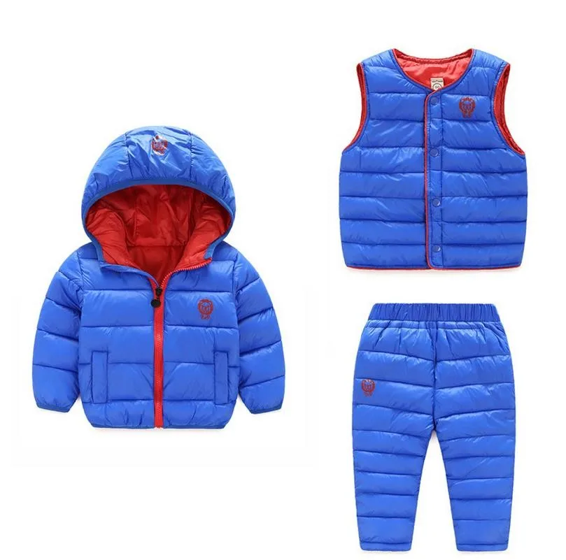 Коллекция года, зимние комплекты одежды для маленьких девочек и мальчиков детское пуховое пальто с хлопковой подкладкой+ жилет+ штаны, теплая верхняя одежда для малышей, Suits1-7Y - Цвет: Небесно-голубой
