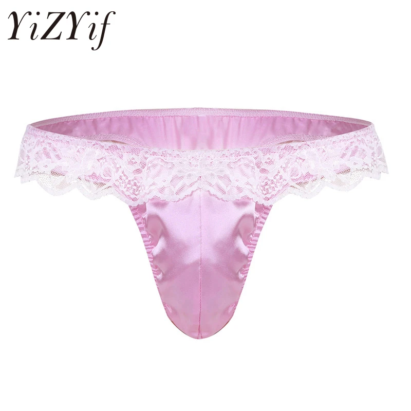 YiZYiF Mens Sissy Satin Low Rise Bikini Briefs Thong Open Front Hole Panties Lingerie Underwear