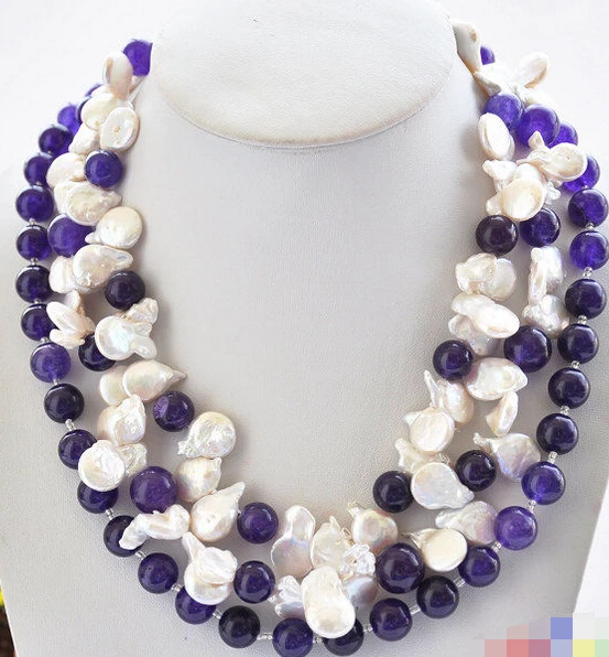 

Hot sale 2016>>>Free Shipping>>3row 21" 14mm white coin freshwater pearl amethyst bead necklace