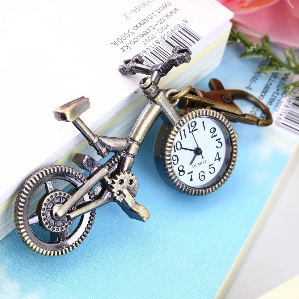 

Fashion vintage Bronze Color Bike keychain Clock Quartz Pocket Pendant Watch Necklace Sweater key Chain Bags For Women Boys Gift